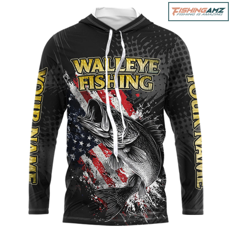 Walleye Custom Made Fishing Shirts, American Flag Walleye Long Sleeve Hooded Fishing Shirts NBT430
