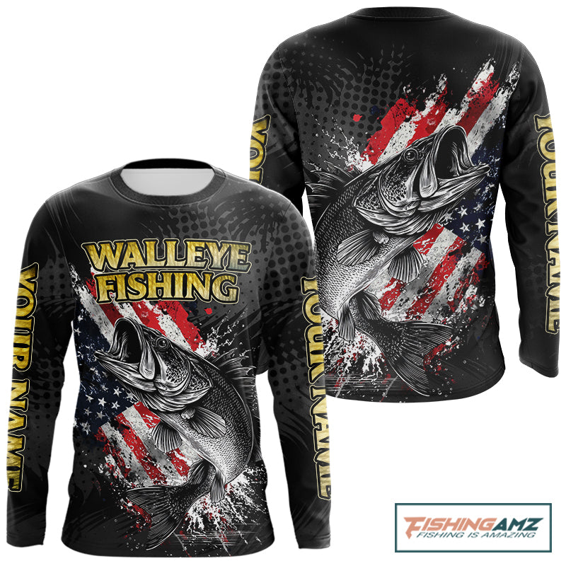 Walleye Custom Made Fishing Shirts, American Flag Walleye Fishing Shirts Long Sleeve NBT430