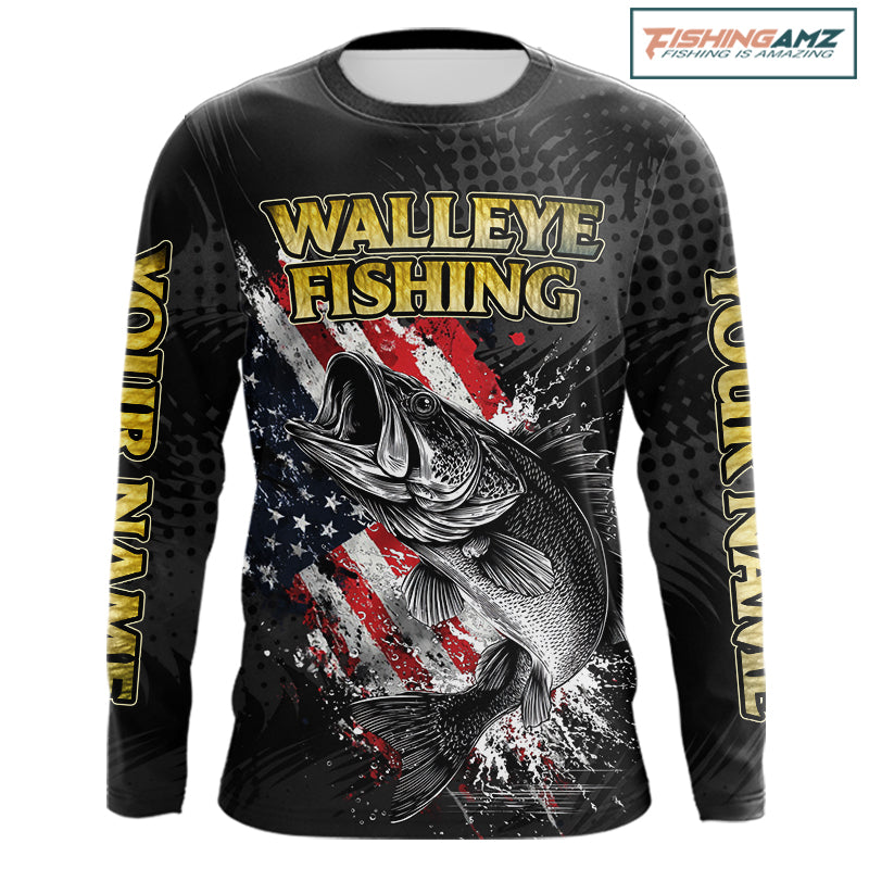 Walleye Custom Made Fishing Shirts, American Flag Walleye Fishing Shirts Long Sleeve NBT430