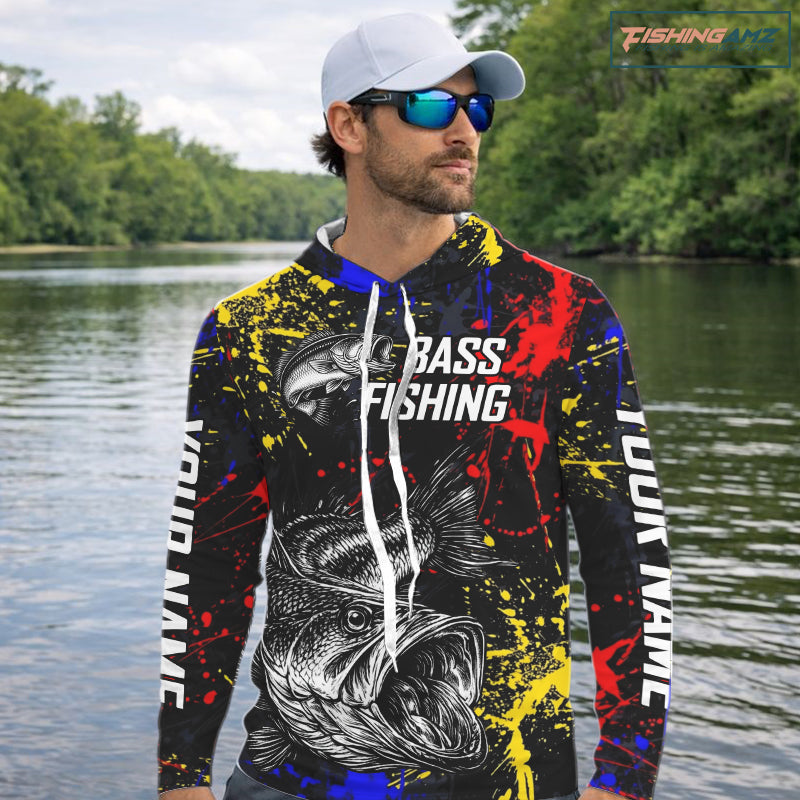 Colorful Paint Tattoo Bass Fishing Shirts Long Sleeve With Hood, Bass Fishing Jerseys NBT431