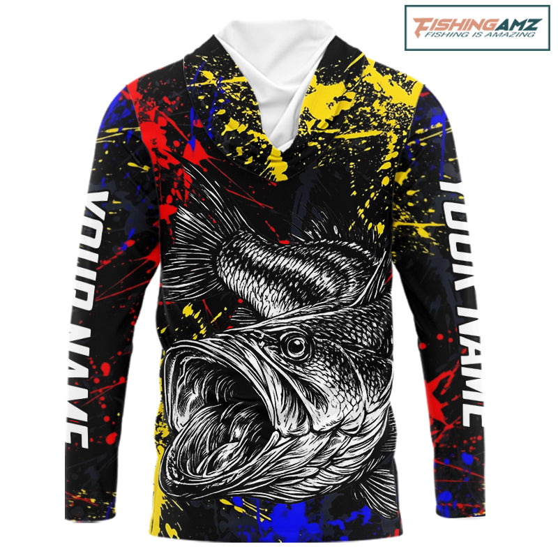 Colorful Paint Tattoo Bass Fishing Shirts Long Sleeve With Hood, Bass Fishing Jerseys NBT431