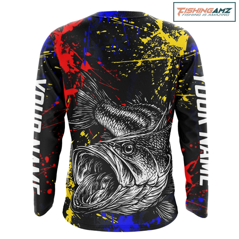 Colorful Paint Tattoo Bass Fishing Shirts Long Sleeve, Bass Fishing Jerseys NBT431
