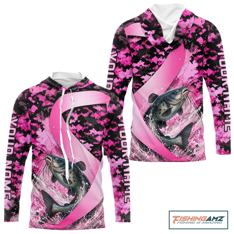 Pink Ribbon Camouflage Catfish Fishing Breast Cancer Custom Sun Protection Long Sleeves Hooded Fishing Shirts NBT918
