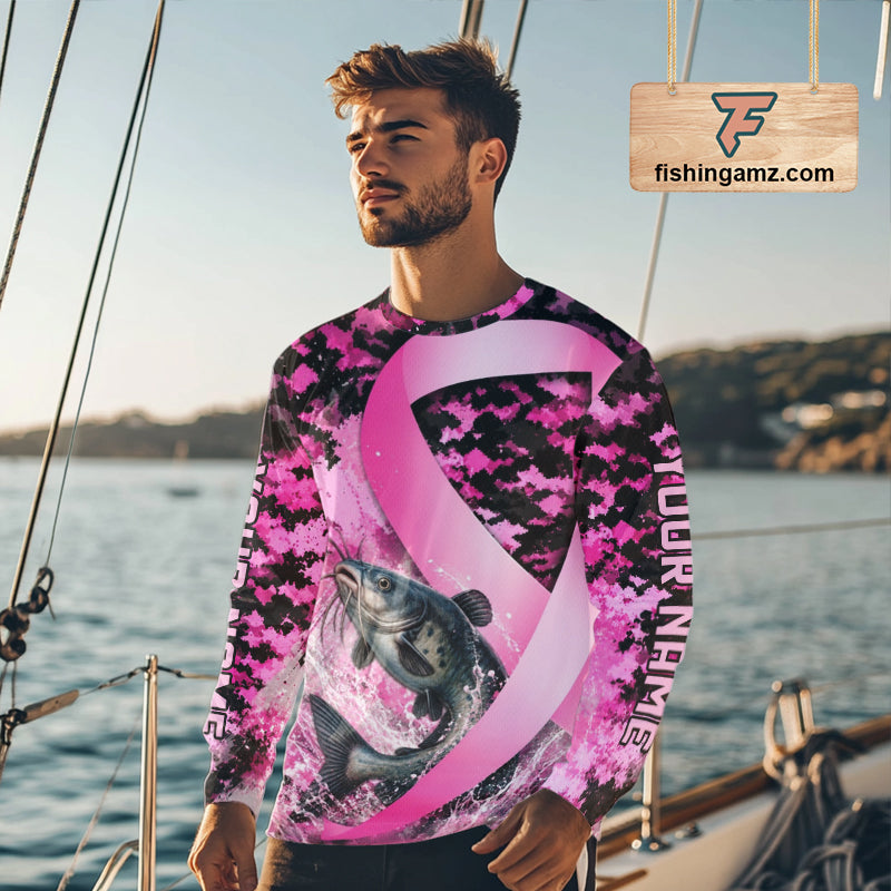 Pink Ribbon Camouflage Catfish Fishing Breast Cancer Custom Sun Protection Long Sleeves Fishing Shirts NBT918