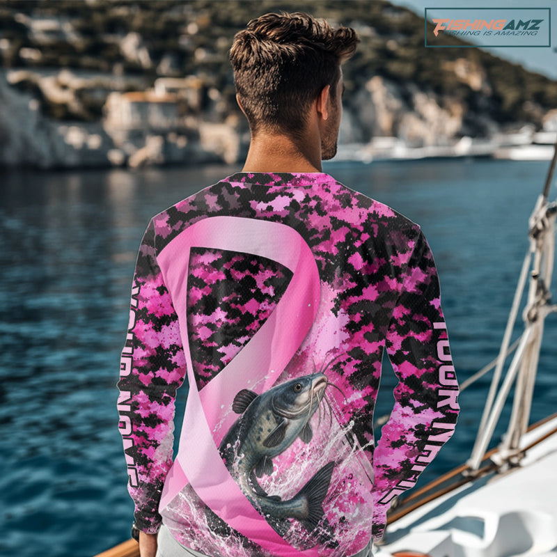 Pink Ribbon Camouflage Catfish Fishing Breast Cancer Custom Sun Protection Long Sleeves Fishing Shirts NBT918