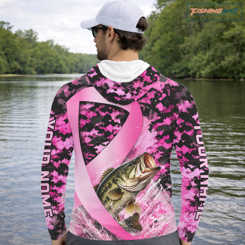 Pink Ribbon Camouflage Bass Fishing Breast Cancer Custom Sun Protection Long Sleeves Hooded Fishing Shirts NBT919