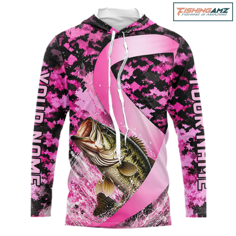 Pink Ribbon Camouflage Bass Fishing Breast Cancer Custom Sun Protection Long Sleeves Hooded Fishing Shirts NBT919