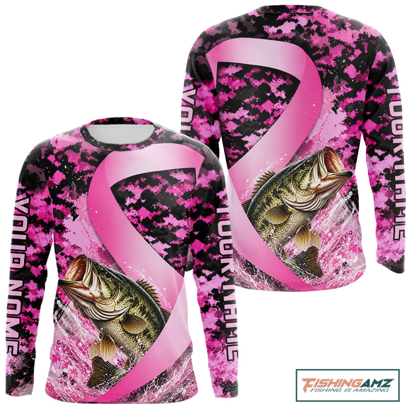 Pink Ribbon Camouflage Bass Fishing Breast Cancer Custom Sun Protection Long Sleeves Fishing Shirts NBT919