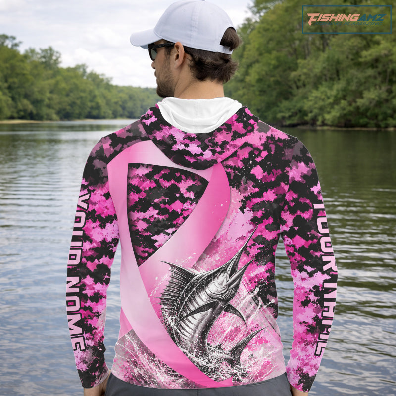 Pink Ribbon Camouflage Marlin Fishing Breast Cancer Custom Sun Protection Long Sleeves Hooded Fishing Shirts NBT920
