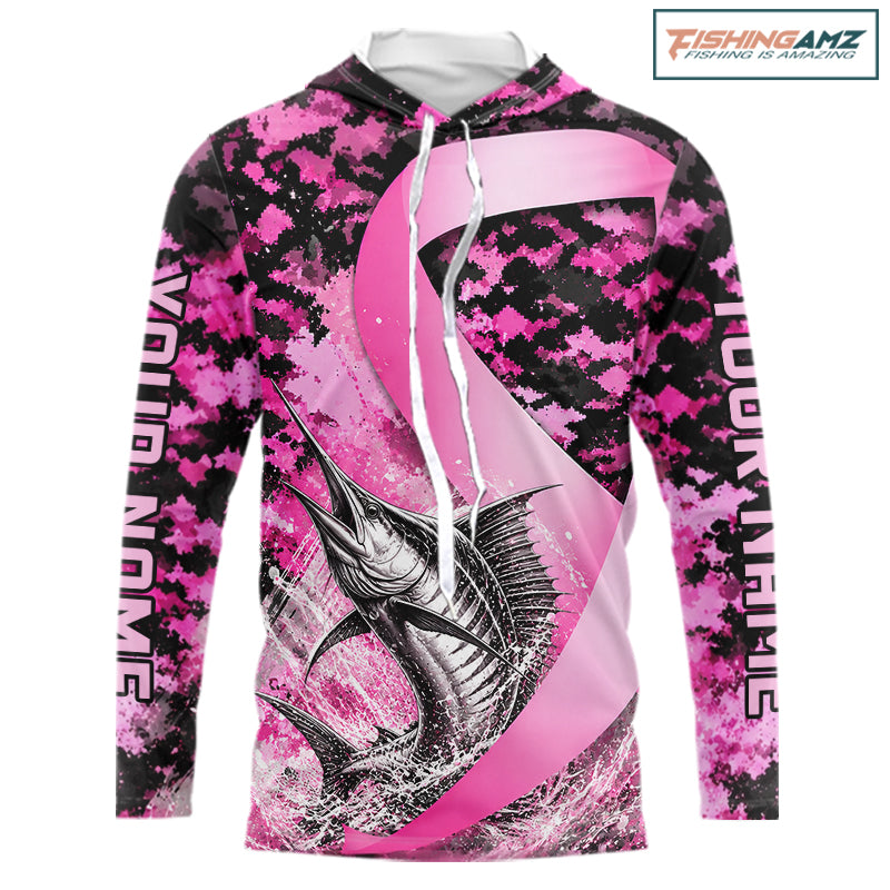 Pink Ribbon Camouflage Marlin Fishing Breast Cancer Custom Sun Protection Long Sleeves Hooded Fishing Shirts NBT920