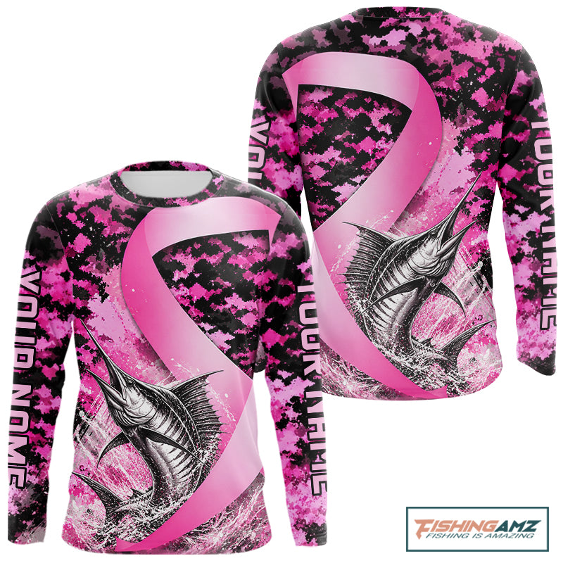 Pink Ribbon Camouflage Marlin Fishing Breast Cancer Custom Sun Protection Long Sleeves Fishing Shirts NBT920
