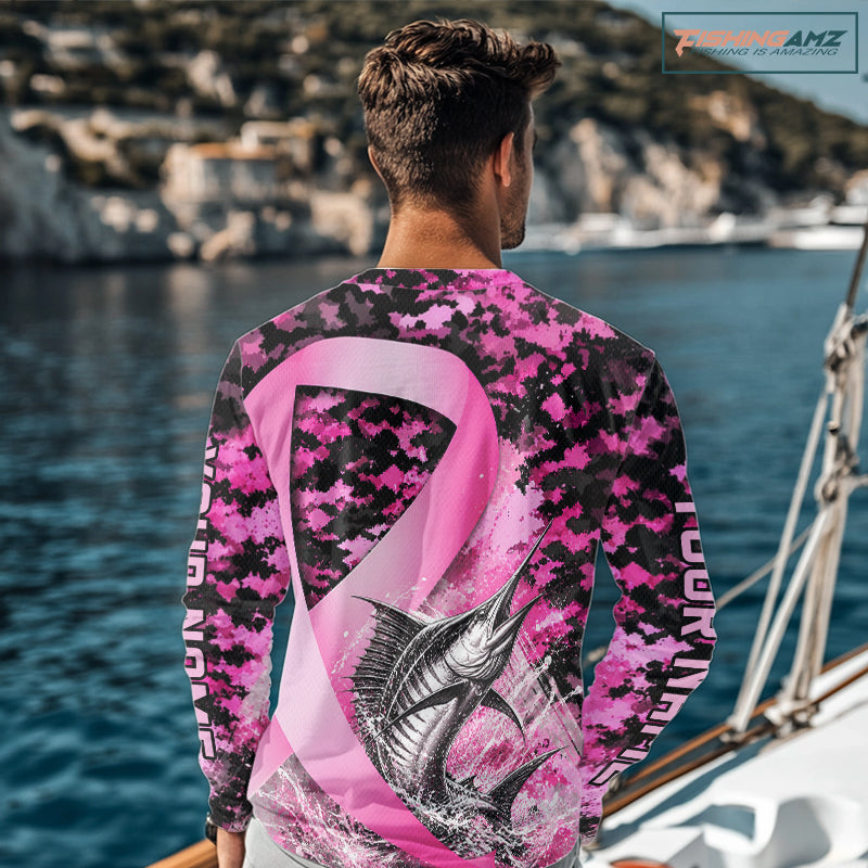 Pink Ribbon Camouflage Marlin Fishing Breast Cancer Custom Sun Protection Long Sleeves Fishing Shirts NBT920
