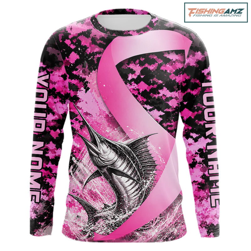 Pink Ribbon Camouflage Marlin Fishing Breast Cancer Custom Sun Protection Long Sleeves Fishing Shirts NBT920