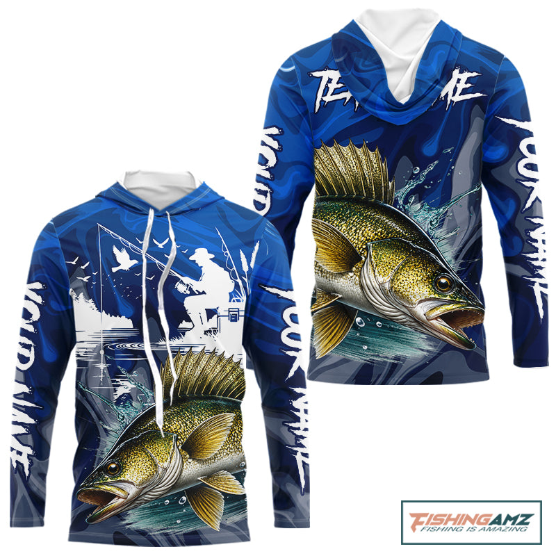 Front and back view of Walleye Fishing Jersey Custom Name long sleeve hooded camo walleye fishing shirt for team with walleye graphic and custom name on sleeves