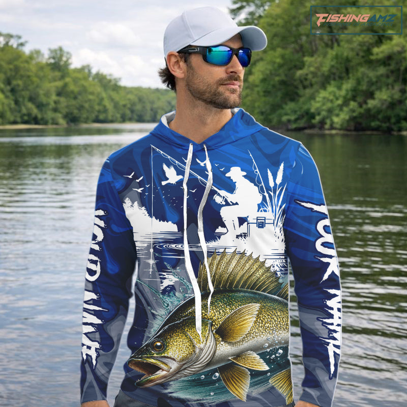 Model wearing Walleye Fishing Jersey Custom Name long sleeve hooded camo walleye fishing shirt for team, lightweight UPF fishing shirt