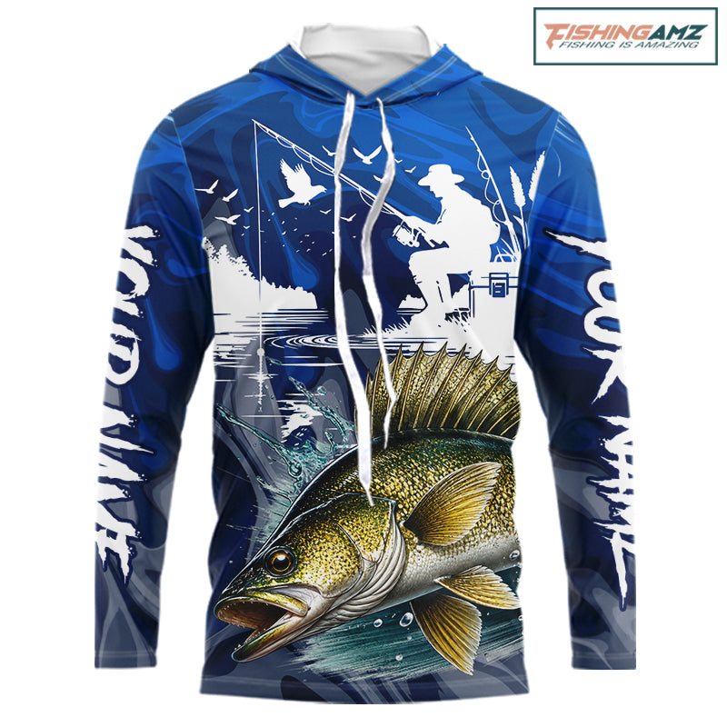 Front mockup Walleye Fishing Jersey Custom Name long sleeve hooded camo walleye fishing shirt for team with walleye graphic and custom name on sleeves