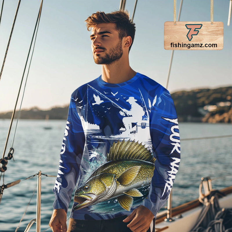 Model wearing Walleye Fishing Jersey Custom Name long sleeve camo walleye fishing shirt for team, lightweight UPF fishing shirt on the boat