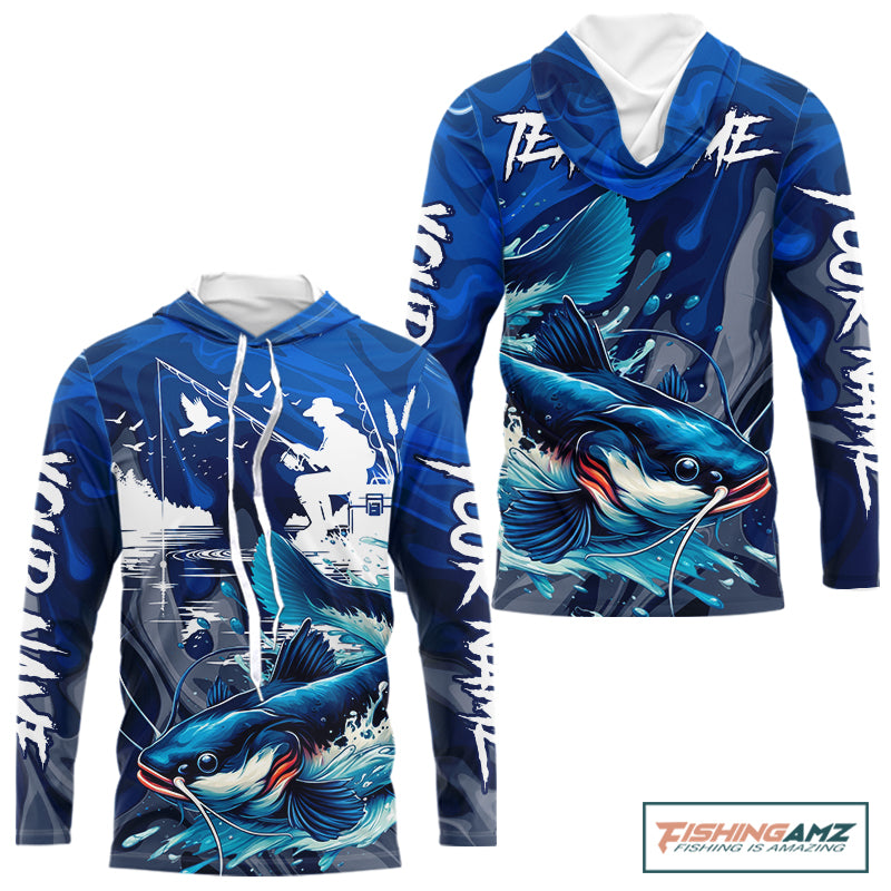 Front mockup Catfish Fishing Jersey Custom Name long sleeve hooded camo catfish fishing shirt for team with catfish graphic and custom name on sleeves