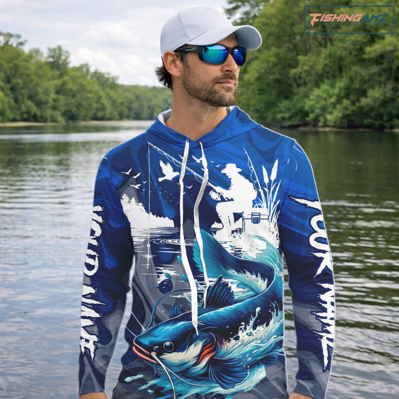 Model wearing Catfish Fishing Jersey Custom Name long sleeve hooded camo catfish fishing shirt for team, lightweight UPF fishing shirt 