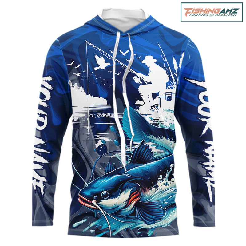 Front view of Catfish Fishing Jersey Custom Name long sleeve hooded camo catfish fishing shirt for team with catfish graphic and custom name on sleeves