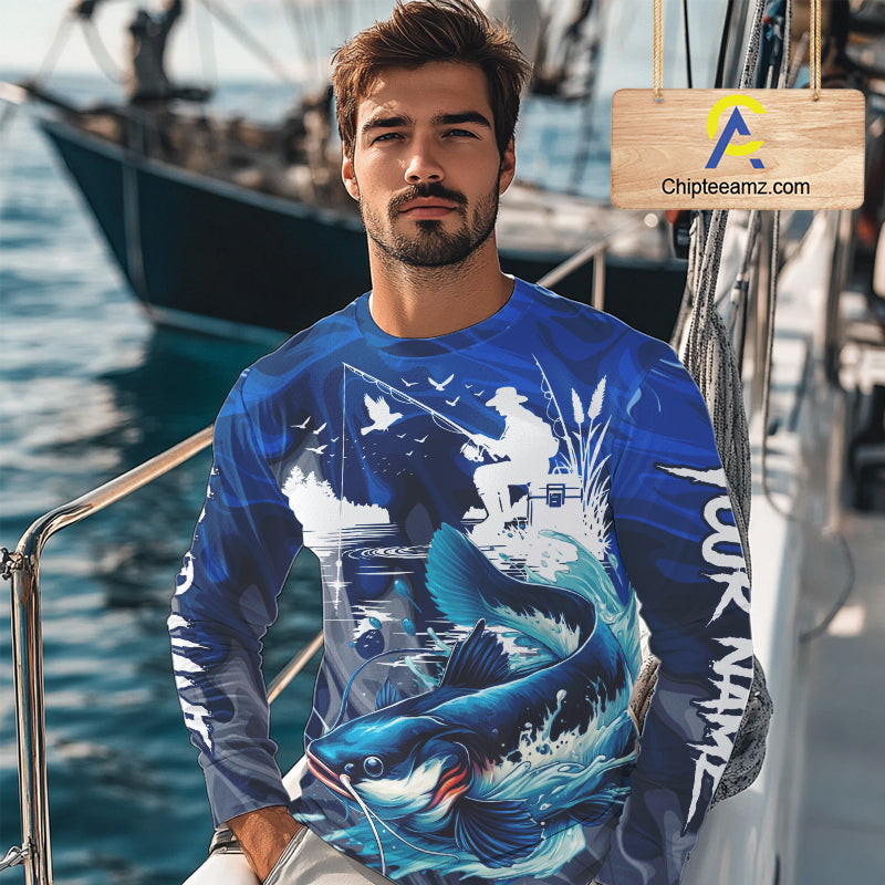 Model wearing Catfish Fishing Jersey Custom Name long sleeve camo catfish fishing shirt for team, lightweight UPF fishing shirt on the boat