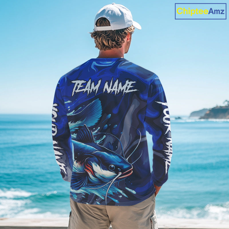 Model wearing Catfish Fishing Jersey Custom Name long sleeve camo catfish fishing shirt for team, lightweight UPF fishing shirt on the boat