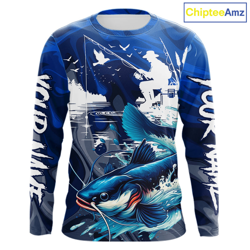Front view of Catfish Fishing Jersey Custom Name long sleeve camo catfish fishing shirt for team with catfish graphic and custom name on sleeve