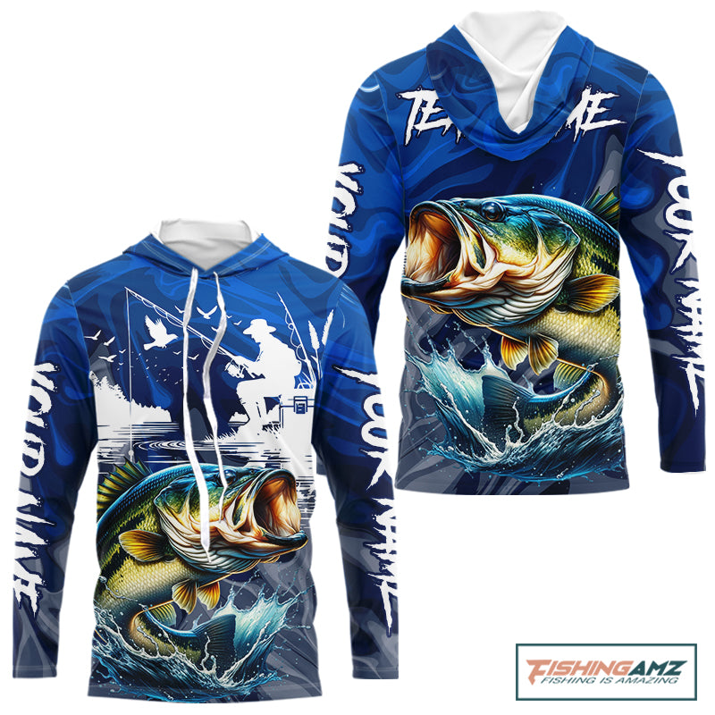 Bass Fishing Jersey Custom Name Long Sleeve Hooded Fishing Shirts, Camo Bass Fishing Shirt For Team NBT848