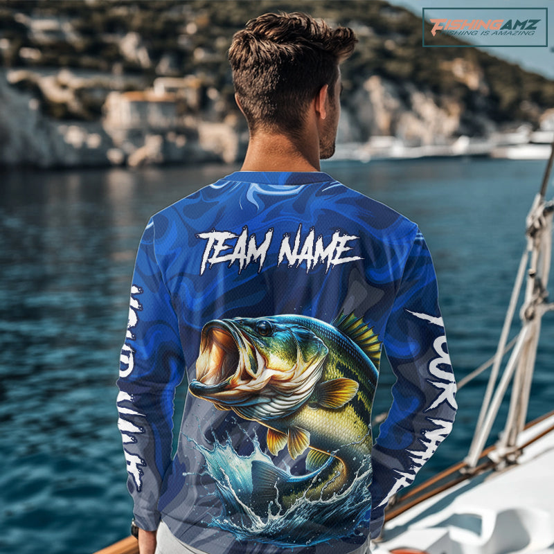 Model wearing Bass Fishing Jersey Custom Name long sleeve camo bass fishing shirt for team, lightweight UPF fishing shirt 