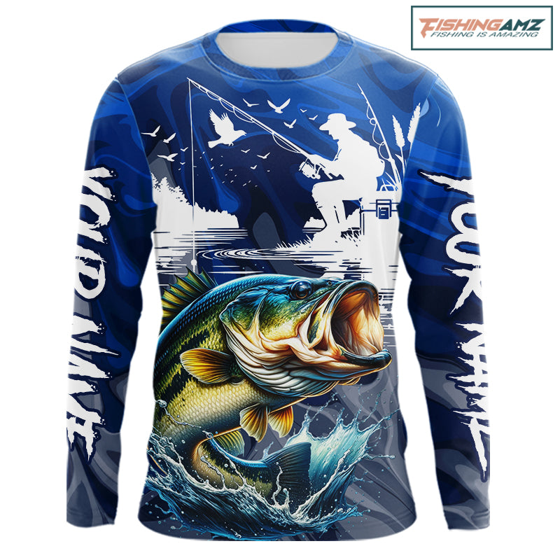 Front view of Bass Fishing Jersey Custom Name long sleeve camo bass fishing shirt for team with bass graphic and custom name on sleeve