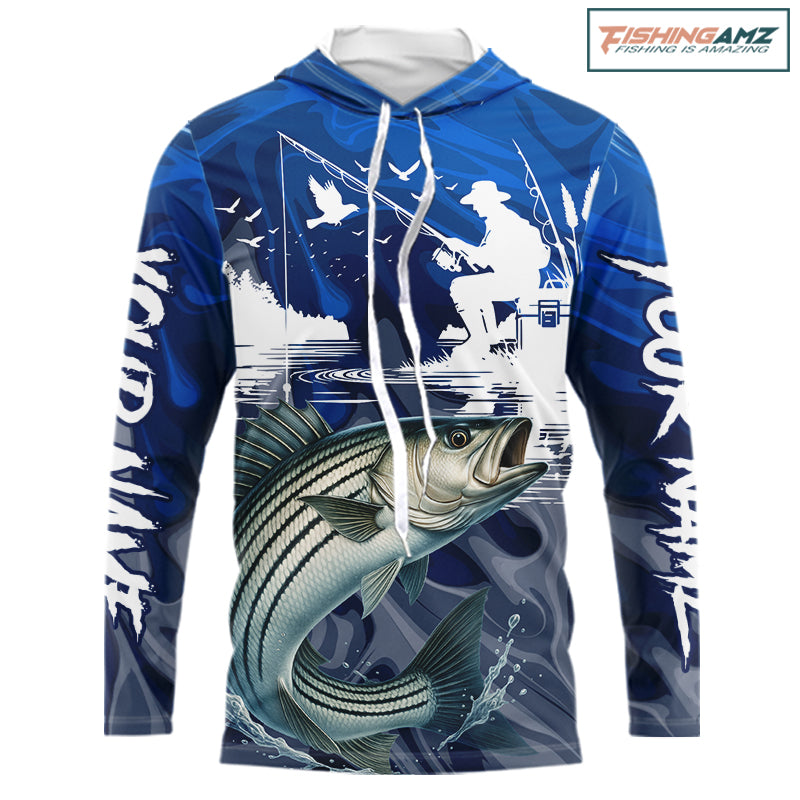 Front view of Striped Bass Fishing Jersey Custom Name long sleeve hooded camo striped bass fishing shirt for team with striped bass graphic and custom name on sleeve