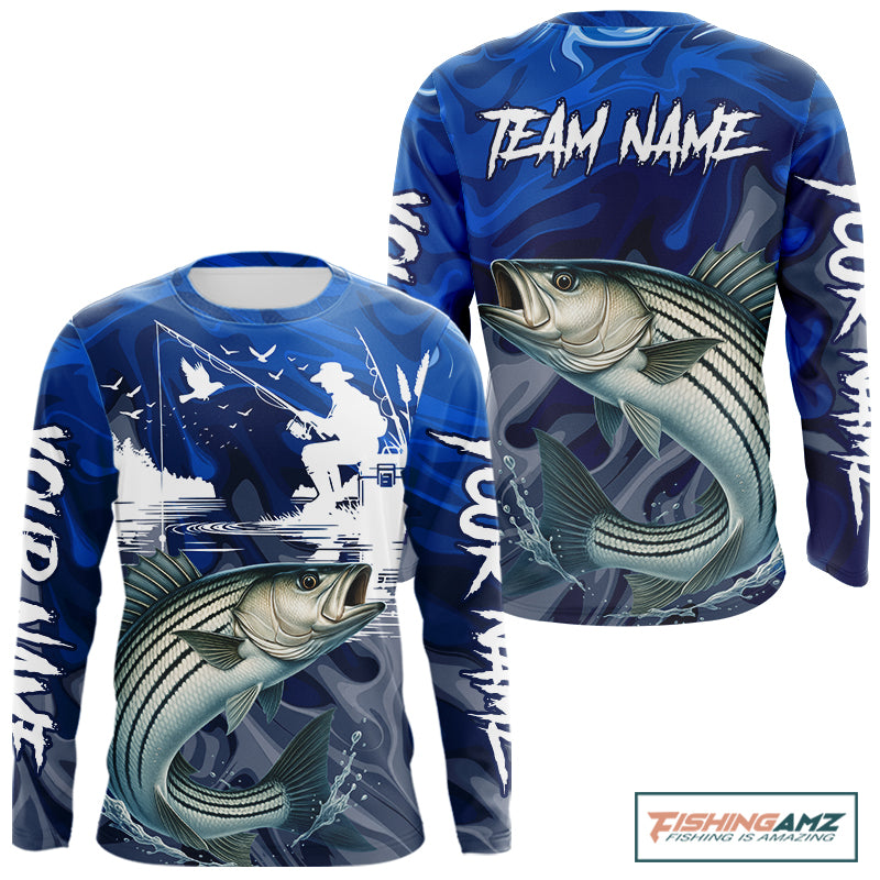 Front view of Striped Bass Fishing Jersey Custom Name long sleeve camo striped bass fishing shirt for team with striped bass graphic and custom name on sleeve