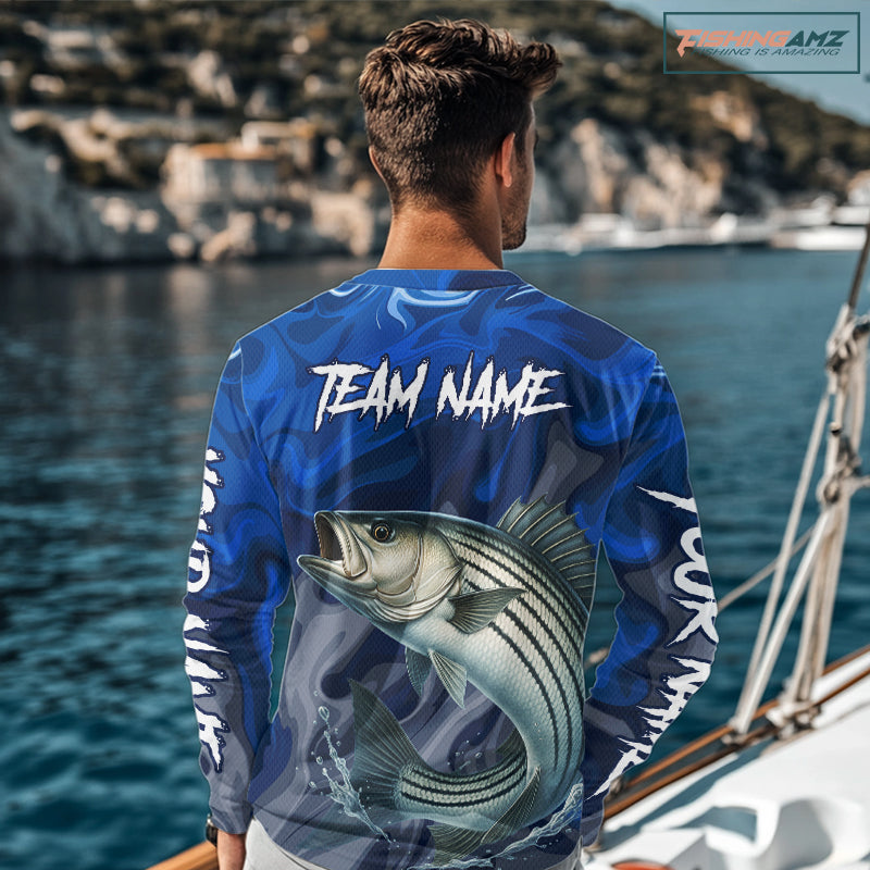 Model wearing Striped Bass Fishing Jersey Custom Name long sleeve camo striped bass fishing shirt for team, lightweight UPF fishing shirt 