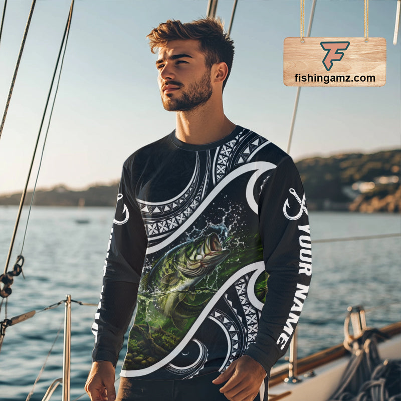 Angler wearing blue tribal pattern custom largemouth bass long sleeve fishing shirt on the water