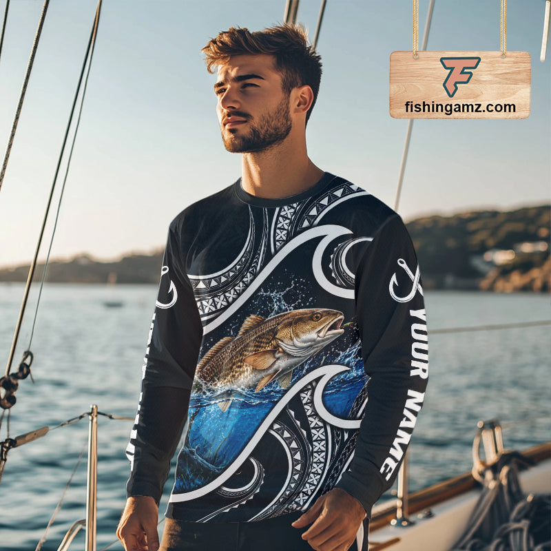 Blue Tribal Pattern Custom Redfish Long Sleeve Fishing Shirts, Redfish Fishing Shirts For Team NBT923