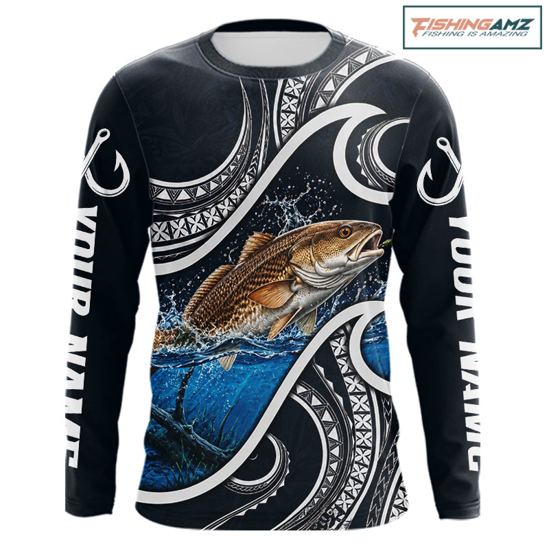Blue Tribal Pattern Custom Redfish Long Sleeve Fishing Shirts, Redfish Fishing Shirts For Team NBT923