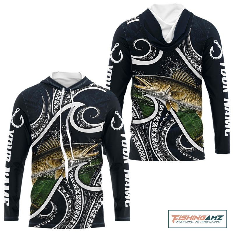 Front and back view of blue tribal pattern custom walleye long sleeve fishing shirt for team anglers