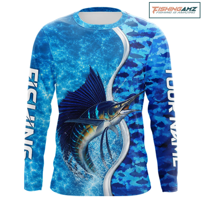 Front view of Sailfish fishing blue ocean camouflage performance long sleeve hooded fishing shirt for team
