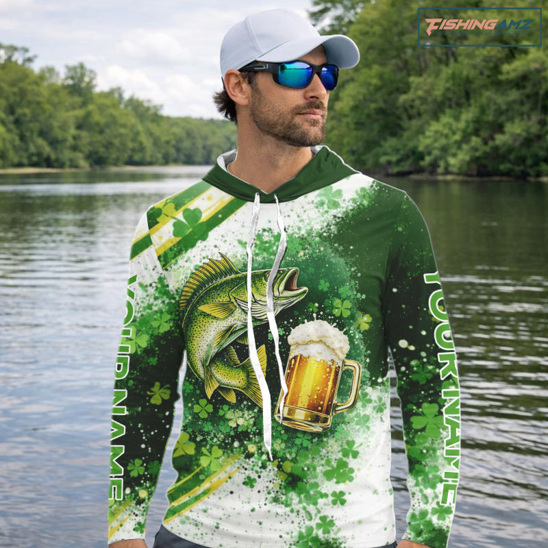 St Patrick Day Walleye Mens Long Sleeve Hooded Fishing Shirts UV Protetion, Walleye Fishing Shirts NBT384