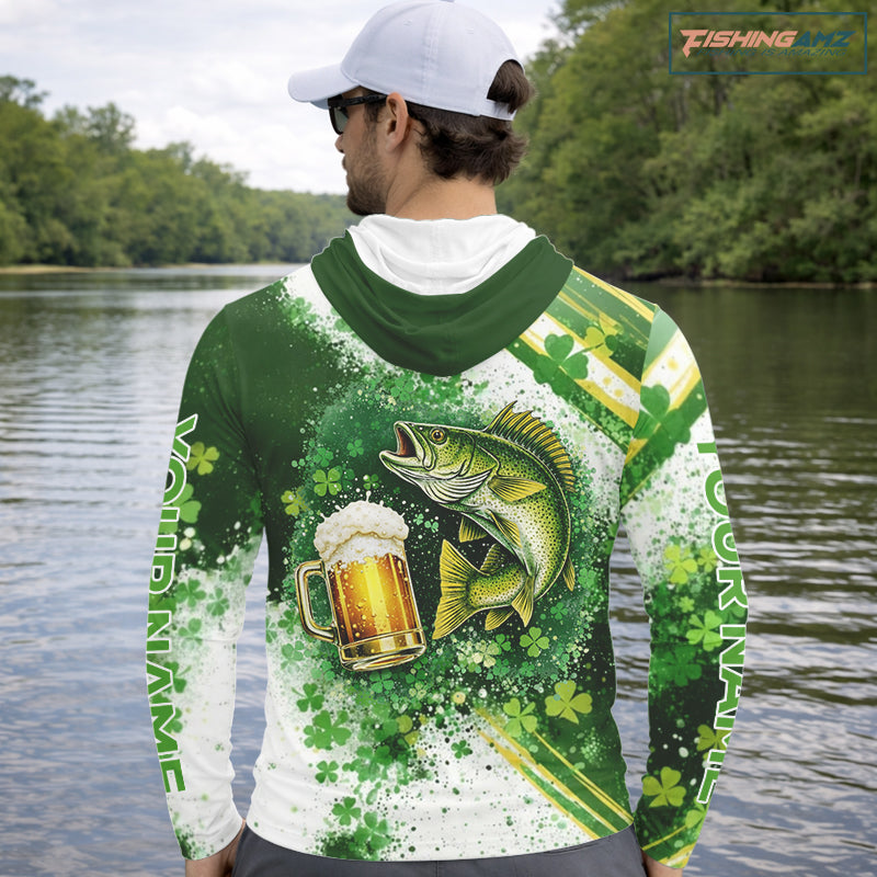 St Patrick Day Walleye Mens Long Sleeve Hooded Fishing Shirts UV Protetion, Walleye Fishing Shirts NBT384