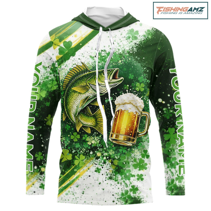 St Patrick Day Walleye Mens Long Sleeve Hooded Fishing Shirts UV Protetion, Walleye Fishing Shirts NBT384