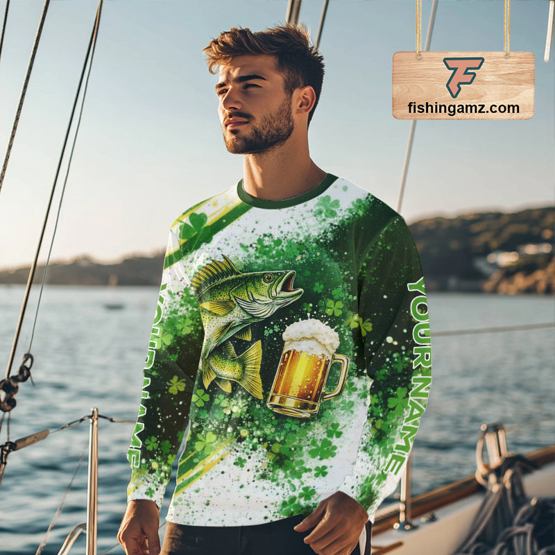 St Patrick Day Walleye Mens Long Sleeve Fishing Shirts UV Protetion, Walleye Fishing Shirts NBT384