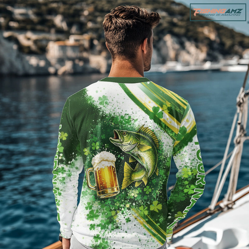 St Patrick Day Walleye Mens Long Sleeve Fishing Shirts UV Protetion, Walleye Fishing Shirts NBT384