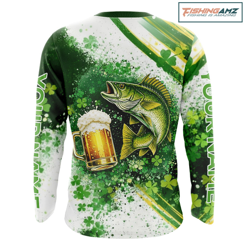 St Patrick Day Walleye Mens Long Sleeve Fishing Shirts UV Protetion, Walleye Fishing Shirts NBT384