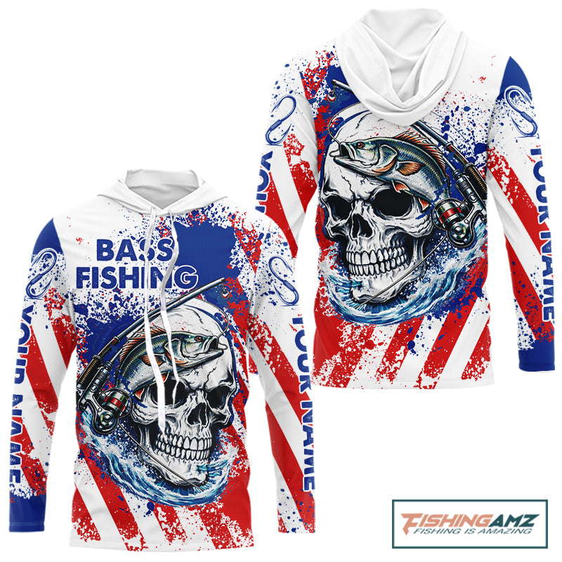 Custom American Flag Fishing Shirts Largemouth Bass Fishing Long Sleeve with Hood, Bass Fishing Shirts For Men NBT385