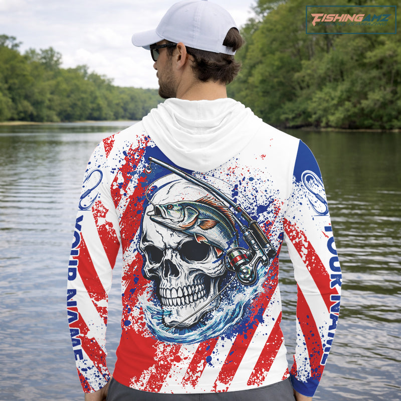 Custom American Flag Fishing Shirts Largemouth Bass Fishing Long Sleeve with Hood, Bass Fishing Shirts For Men NBT385