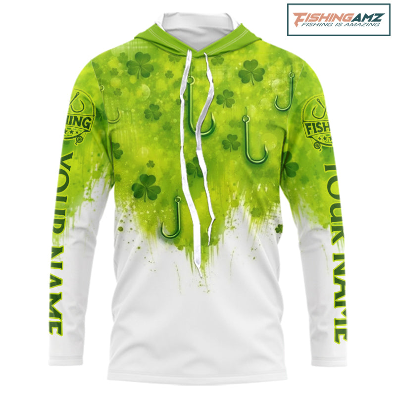 Personalized St Patrick's Day Shirts Fish Hook Long Sleeve Hooded Fishing Shirts, Mens Fishing Outfit NBT386