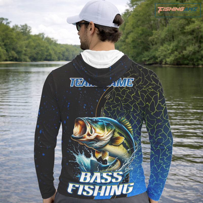 Bass Fishing Blue Flame Smoke Long Sleeve Hooded Fishing Shirts, Bass Fishing Shirt For Team NBT1016
