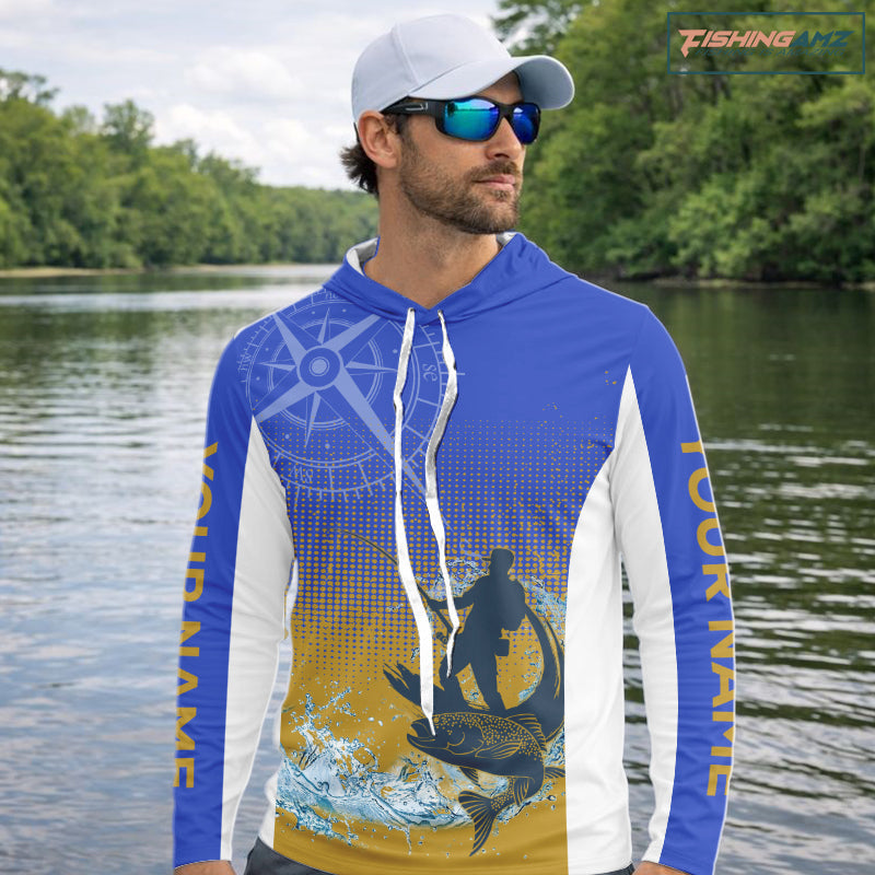 Trout Fishing Shirts Long Sleeve Hooded Fisherman Compass Blue And Yellow, Trout Fly Fishing Jerseys NBT389