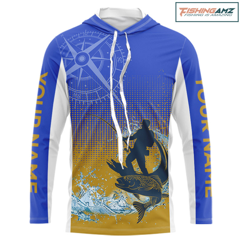 Trout Fishing Shirts Long Sleeve Hooded Fisherman Compass Blue And Yellow, Trout Fly Fishing Jerseys NBT389